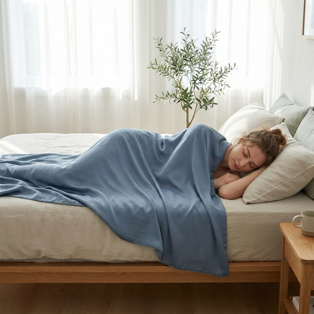 Woman sleeping cool under the Kyla cooling blanket
