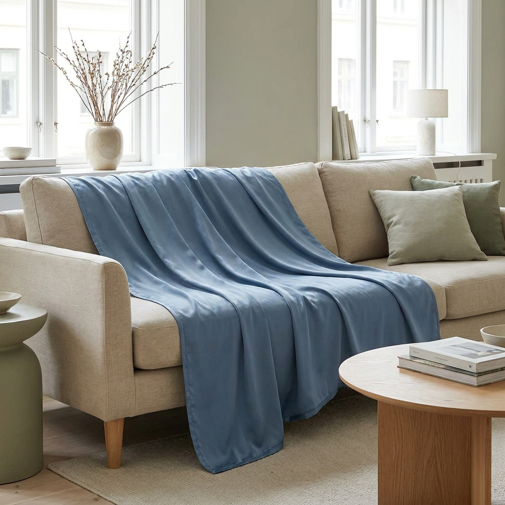 Kyla cooling blanket on a linen sofa