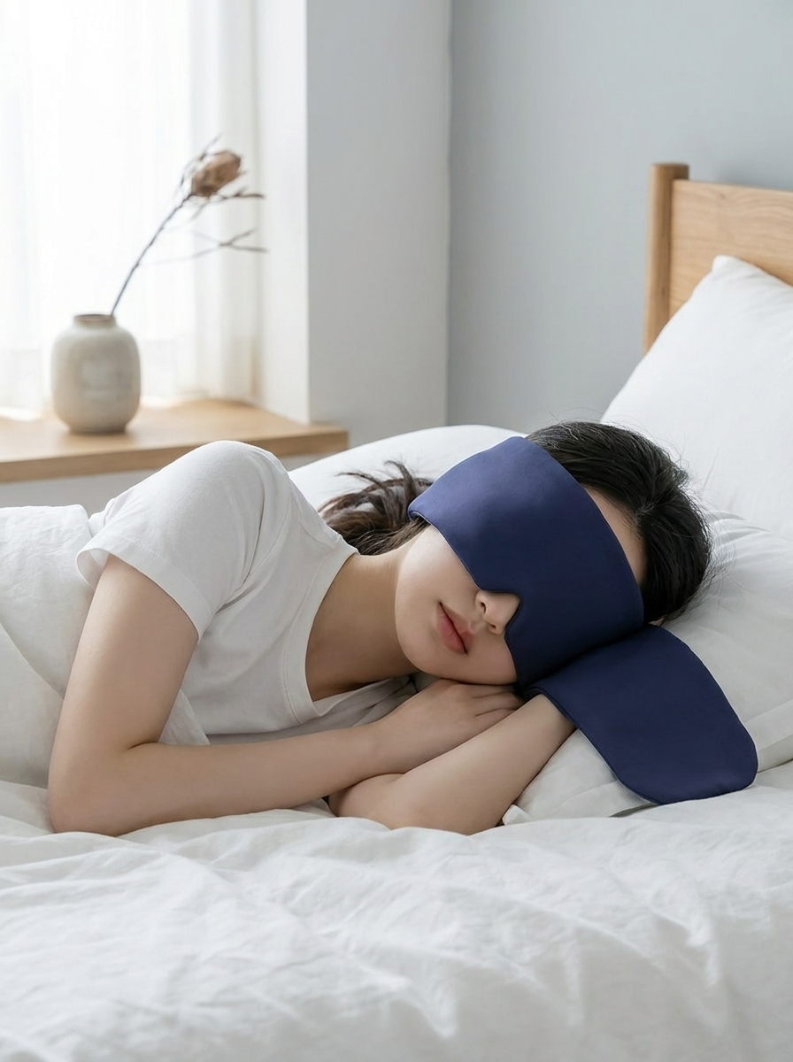 Woman sleeping with the Kyla weighted cooling mask