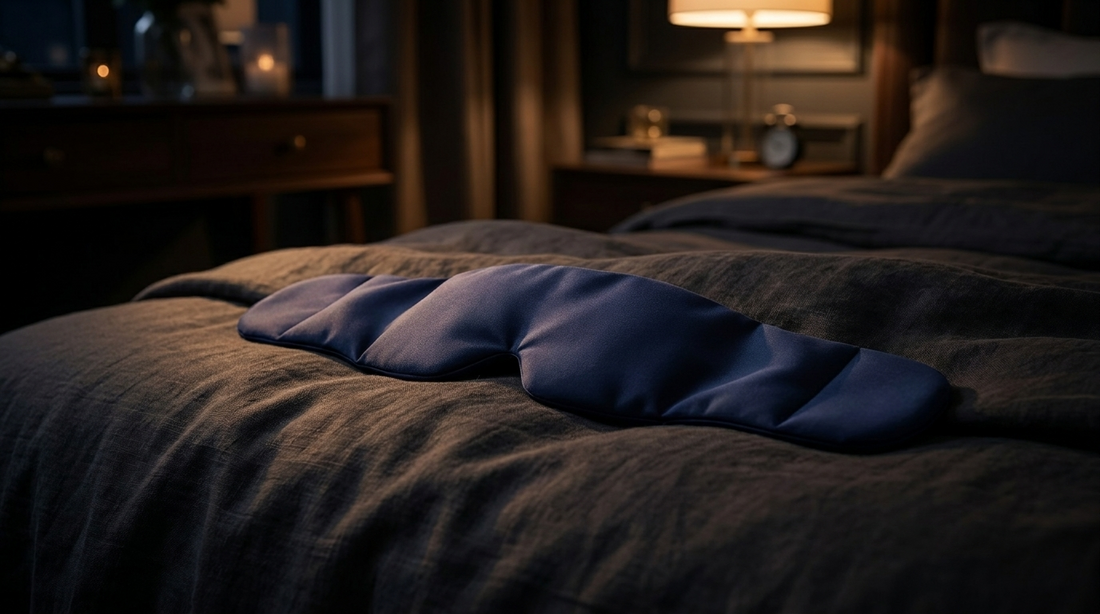 Kyla weighted cooling sleep mask resting on dark linen