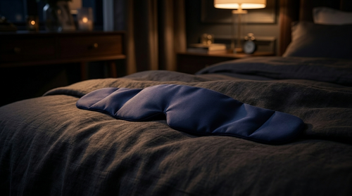 Kyla weighted cooling sleep mask resting on dark linen